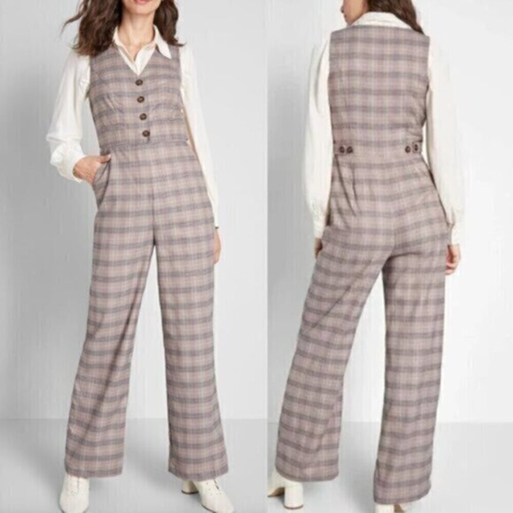 NEW NWT MODCLOTH Plaid Appeal Vest Jumpsuit Tan Brown Blue Sleeveless Retro 70s